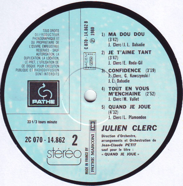 Julien Clerc - Clerc Julien (Quand Je Joue) | Pathé (2C 070-14862) - 3