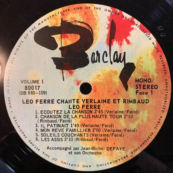 Paul Verlaine Et Arthur Rimbaud Chantés Par Léo Ferré - Verlaine Et Rimbaud Chantés Par Léo Ferré Volume 1 [Vinyl] | Barclay (80017) - 3