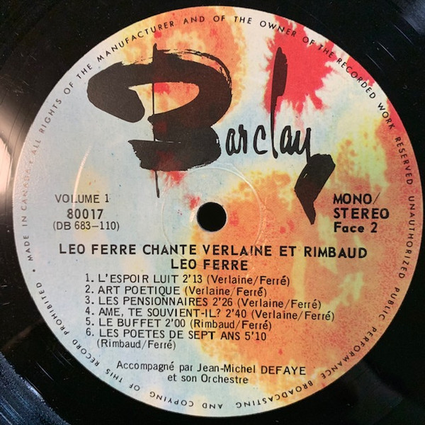 Paul Verlaine Et Arthur Rimbaud Chantés Par Léo Ferré - Verlaine Et Rimbaud Chantés Par Léo Ferré Volume 1 [Vinyl] | Barclay (80017) - 4