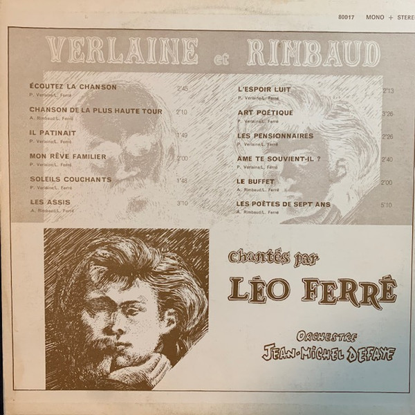 Paul Verlaine Et Arthur Rimbaud Chantés Par Léo Ferré - Verlaine Et Rimbaud Chantés Par Léo Ferré Volume 1 [Vinyl] | Barclay (80017) - 2