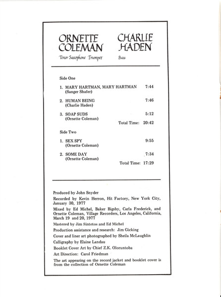 Ornette Coleman And Charlie Haden - Soapsuds, Soapsuds | Artists House (AH6) - 3
