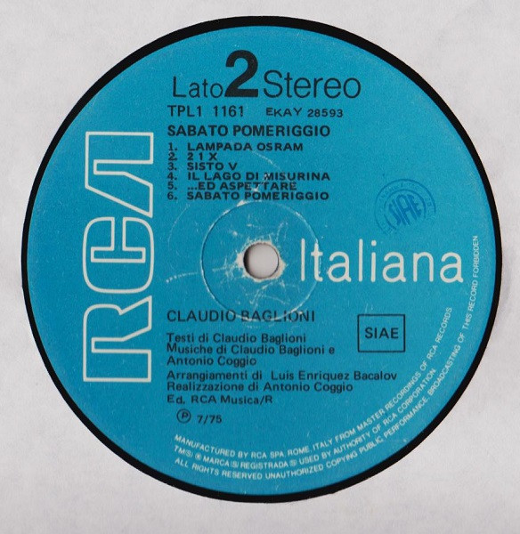 Claudio Baglioni - Sabato Pomeriggio | RCA (TPL1 1161) - 4 Claudio Baglioni - Sabato Pomeriggio | RCA (TPL1 1161) - 4