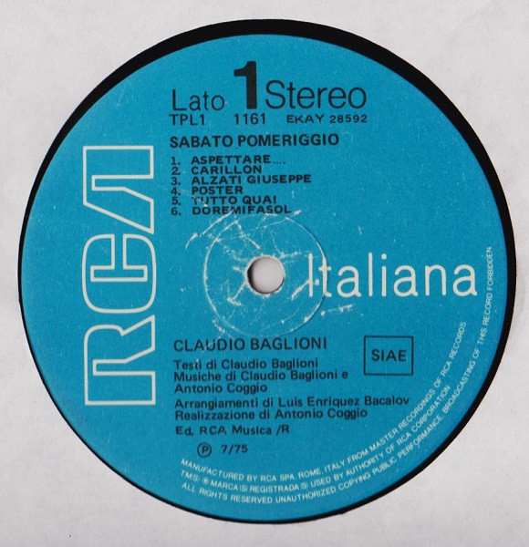 Claudio Baglioni - Sabato Pomeriggio | RCA (TPL1 1161) - 3 Claudio Baglioni - Sabato Pomeriggio | RCA (TPL1 1161) - 3