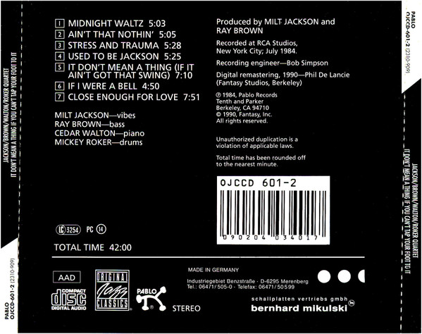 Milt Jackson Ray Brown Quartet - It Don't Mean A Thing If You Can't Tap Your Foot To It | Original Jazz Classics (OJCCD-601-2) - 2