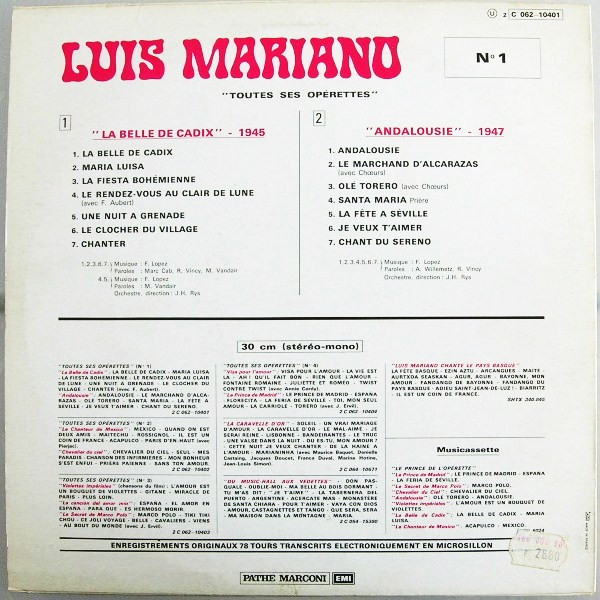 Luis Mariano - Toutes Ses Operettes N°1 | Pathé (2C 062 10401) - 2 Luis Mariano - Toutes Ses Operettes N°1 | Pathé (2C 062 10401) - 2