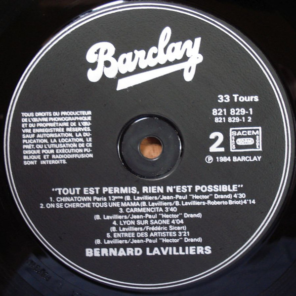 Bernard Lavilliers - Tout Est Permis, Rien N'est Possible | Barclay (821 829-1) - 2 Bernard Lavilliers - Tout Est Permis, Rien N'est Possible | Barclay (821 829-1) - 2