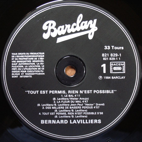 Bernard Lavilliers - Tout Est Permis, Rien N'est Possible | Barclay (821 829-1)