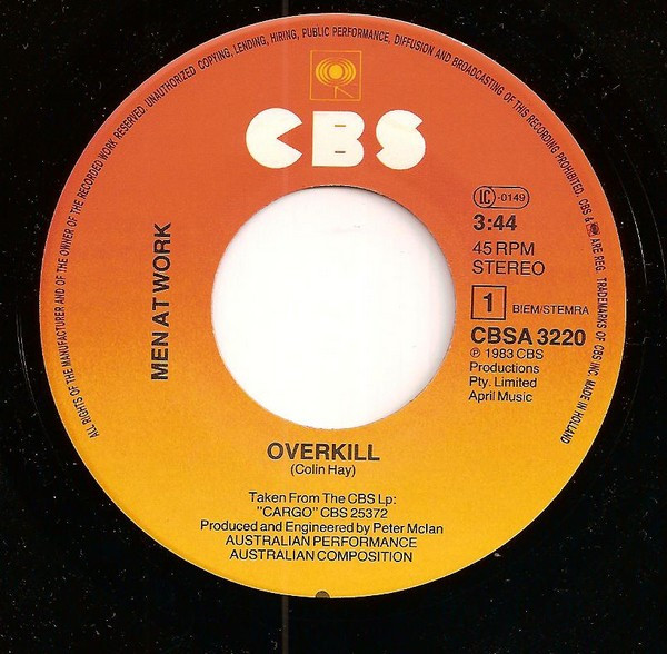 Men At Work - Overkill | CBS (CBSA 3220) - 3