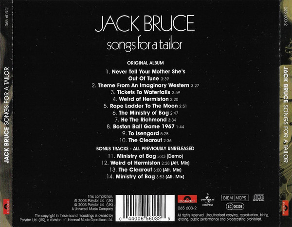 Jack Bruce - Songs For A Tailor CD | Polydor (065 603-2) - 2 Jack Bruce - Songs For A Tailor CD | Polydor (065 603-2) - 2