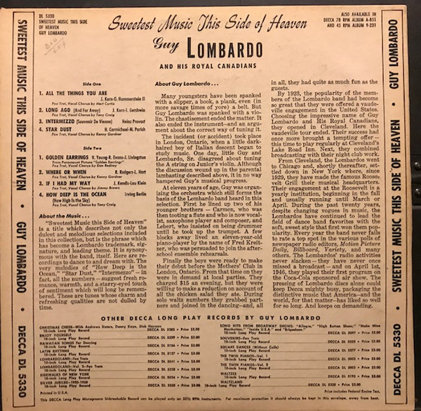 Guy Lombardo And His Royal Canadians - Sweetest Music This Side Of Heaven | Decca (DL 5330) - 2 Guy Lombardo And His Royal Canadians - Sweetest Music This Side Of Heaven | Decca (DL 5330) - 2