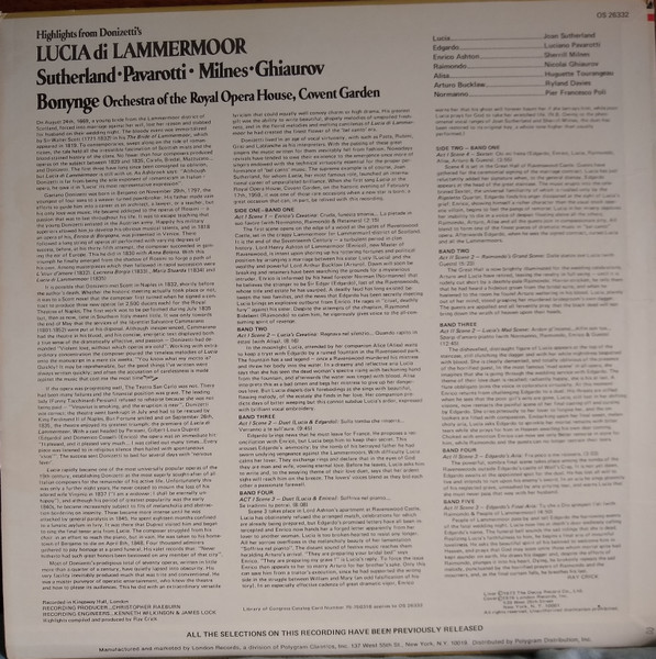 Gaetano Donizetti , Joan Sutherland , Sherrill Milnes , Luciano Pavarotti , Nicolai Ghiaurov , Richard Bonynge , Orchestra Of The Royal Opera House, Covent Garden - Lucia Di Lammermoor (Highlights) | London Records (OS 26332) - 2