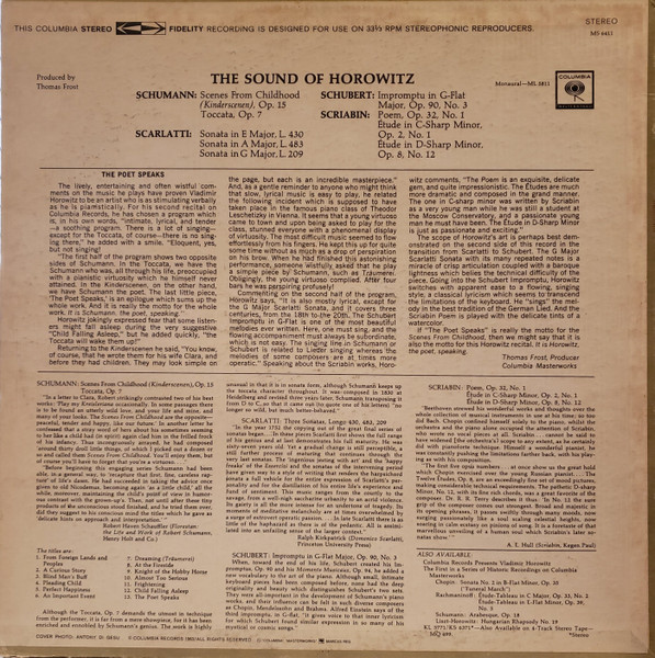 Vladimir Horowitz , Domenico Scarlatti , Franz Schubert , Robert Schumann , Alexander Scriabine - The Sound Of Horowitz | Columbia Masterworks (MS 6411) - 2 Vladimir Horowitz , Domenico Scarlatti , Franz Schubert , Robert Schumann , Alexander Scriabine - The Sound Of Horowitz | Columbia Masterworks (MS 6411) - 2