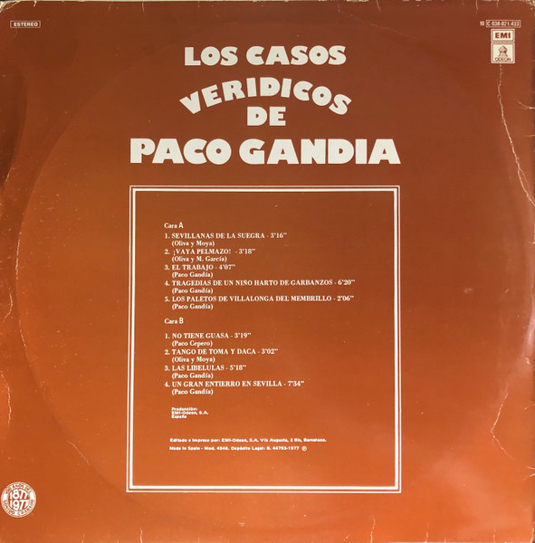 Paco Gandía - Los Casos Verídicos De Paco Gandia | EMI-Odeon S.A.I.C. (C 038-021.433) - 2