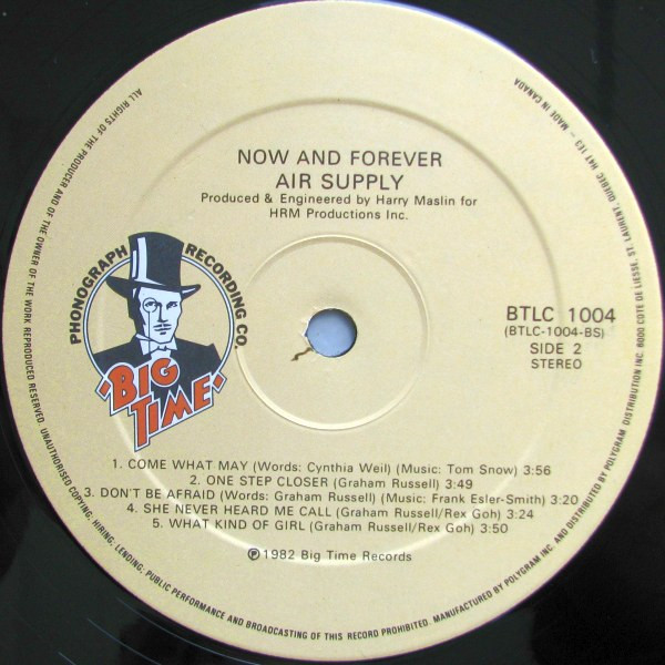 Air Supply - Now And Forever | Big Time Phonograph Recording Co. (BTLC 1004) - 4