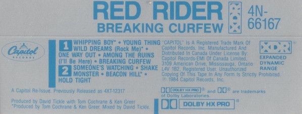 Red Rider - Breaking Curfew [Cassette] | Capitol Records (4XT 12317) - 3