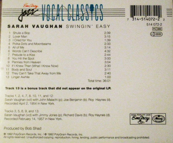 Sarah Vaughan And Her Trio - Swingin' Easy | EmArcy (514 072-2) - main