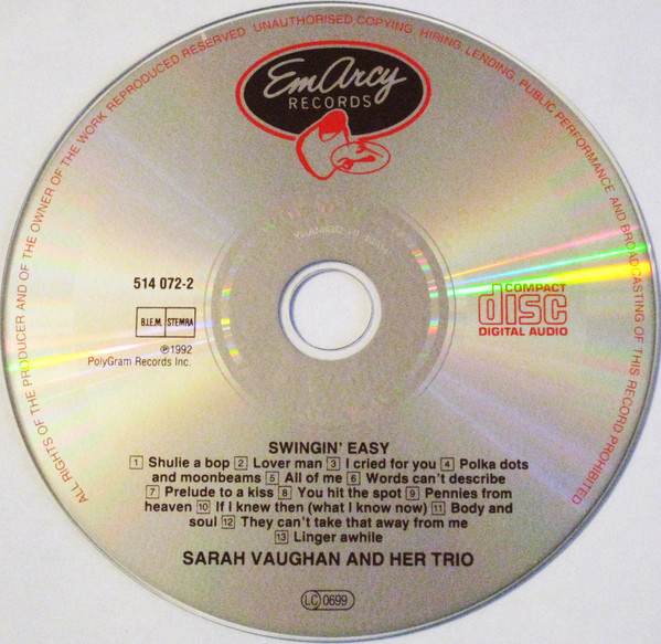 Sarah Vaughan And Her Trio - Swingin' Easy | EmArcy (514 072-2) - 2