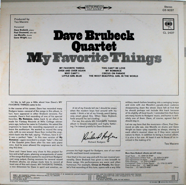 The Dave Brubeck Quartet - My Favorite Things | Columbia (CS 9237) - 2 The Dave Brubeck Quartet - My Favorite Things | Columbia (CS 9237) - 2