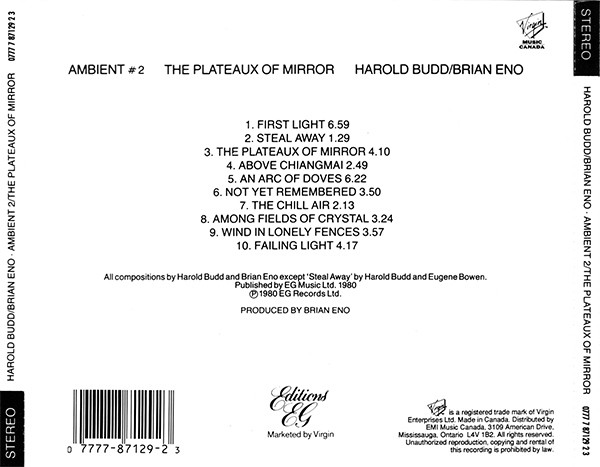 Harold Budd / Brian Eno - Ambient 2: The Plateaux Of Mirror | Editions EG (0777 7 87129 2 3) - 3
