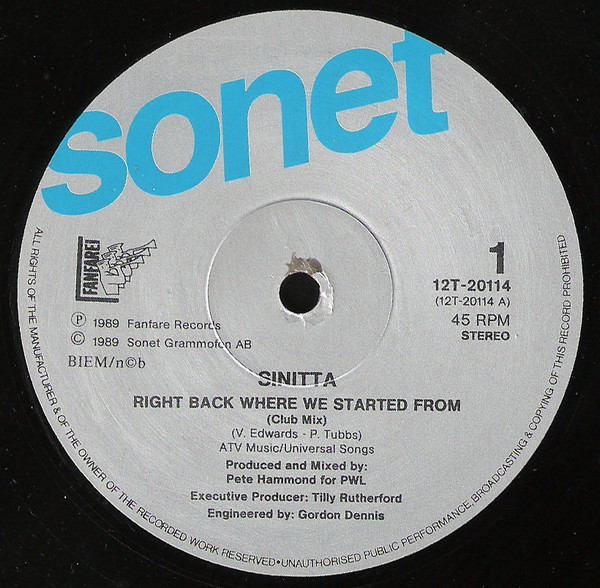 Sinitta - Right Back Where We Started From (Left Back On The Side Mix) | Sonet (12T-20114) - 3 Sinitta - Right Back Where We Started From (Left Back On The Side Mix) | Sonet (12T-20114) - 3