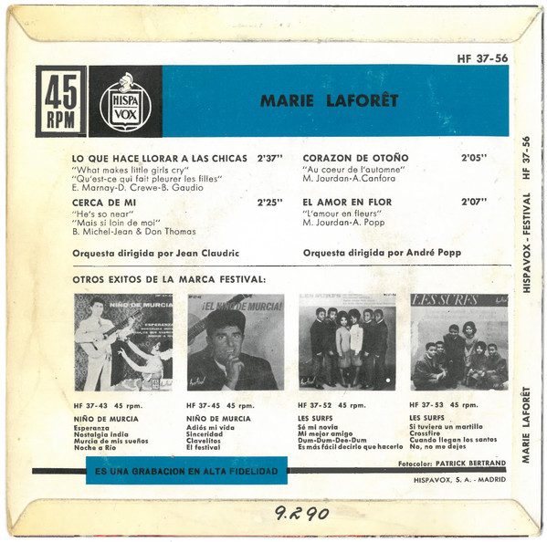 Marie Laforêt - Lo Que Hace Llorar A Las Chicas | Hispavox (HF 37-56) - 2
