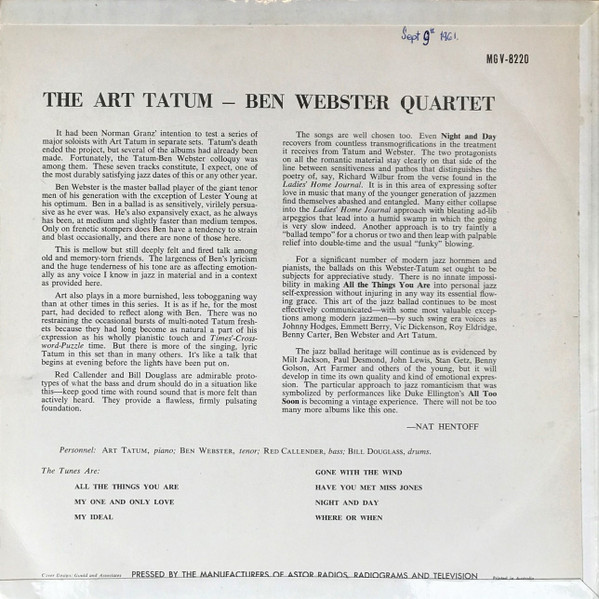 The Art Tatum - Ben Webster Quartet Featuring Red Callender And Bill Douglass - The Art Tatum • Ben Webster Quartet | Verve Records (MG-V-8220) - 2 The Art Tatum - Ben Webster Quartet Featuring Red Callender And Bill Douglass - The Art Tatum • Ben Webster Quartet | Verve Records (MG-V-8220) - 2