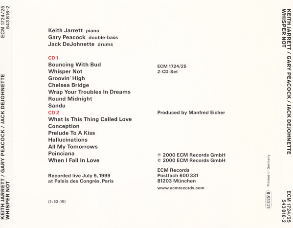 Keith Jarrett / Gary Peacock / Jack DeJohnette - Whisper Not (Live In Paris 1999) | ECM Records (ECM 1724/25) - 4 Keith Jarrett / Gary Peacock / Jack DeJohnette - Whisper Not (Live In Paris 1999) | ECM Records (ECM 1724/25) - 4