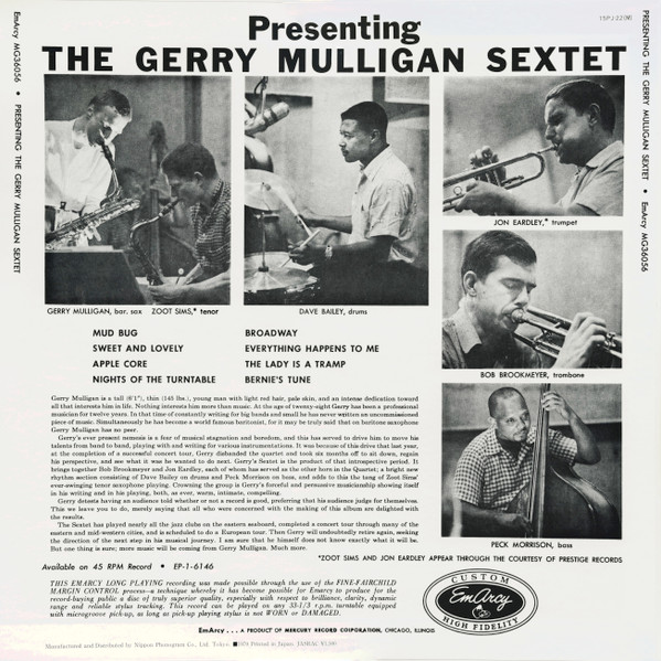 Gerry Mulligan And His Sextet - Presenting The Gerry Mulligan Sextet | EmArcy (15PJ-22(M)) - 2 Gerry Mulligan And His Sextet - Presenting The Gerry Mulligan Sextet | EmArcy (15PJ-22(M)) - 2