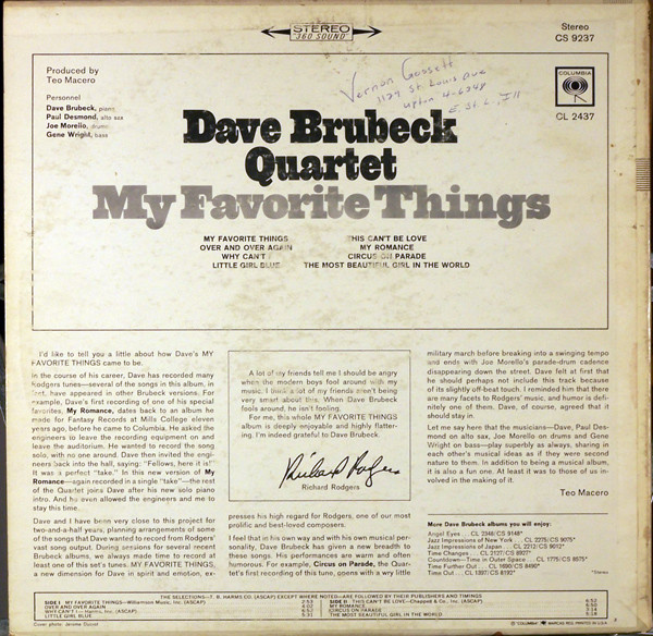 The Dave Brubeck Quartet - My Favorite Things | Columbia (CS 9237) - 2
