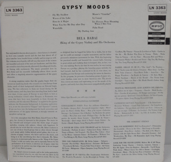 Bela Babai And His Orchestra - Gypsy Moods | Epic (LN 3363) - 2