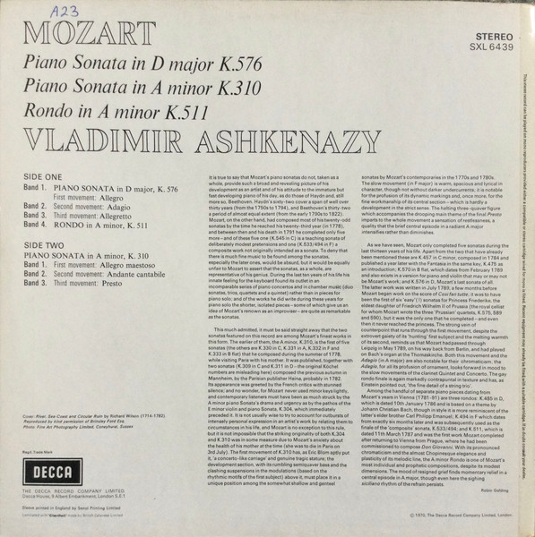 Wolfgang Amadeus Mozart , Vladimir Ashkenazy - Piano Sonata In D Major K.576 / Piano Sonata In A Minor K.310 / Rondo In A Minor K.511 | Decca (SXL 6439) - 2