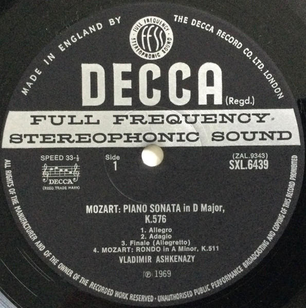 Wolfgang Amadeus Mozart , Vladimir Ashkenazy - Piano Sonata In D Major K.576 / Piano Sonata In A Minor K.310 / Rondo In A Minor K.511 | Decca (SXL 6439) - 3