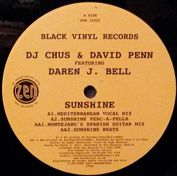 DJ Chus & David Penn Featuring Daren James Bell - Sunshine | Black Vinyl Records (BVR 12022) - main DJ Chus & David Penn Featuring Daren James Bell - Sunshine | Black Vinyl Records (BVR 12022) - main