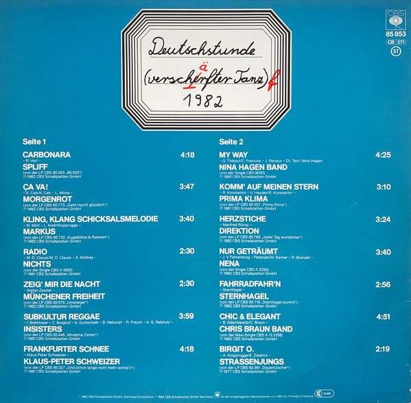 Various - Deutschstunde (Verschärfter Tanz '82) | CBS (CBS 85 853) - 2