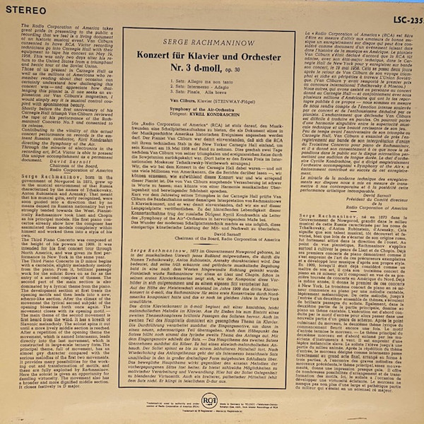 Sergei Vasilyevich Rachmaninoff - Van Cliburn / Kiril Kondrashin / Symphony Of The Air - Rachmaninoff Concerto No. 3 | RCA Victor Red Seal (LSC-2355) - 2