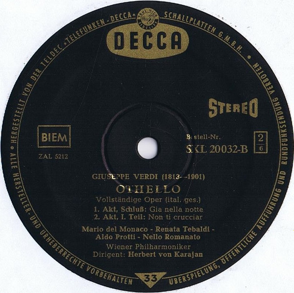 Giuseppe Verdi - Mario del Monaco , Renata Tebaldi , Aldo Protti , Wiener Philharmoniker ; Herbert von Karajan - Othello | Decca (SXL 20031-33-B) - 2