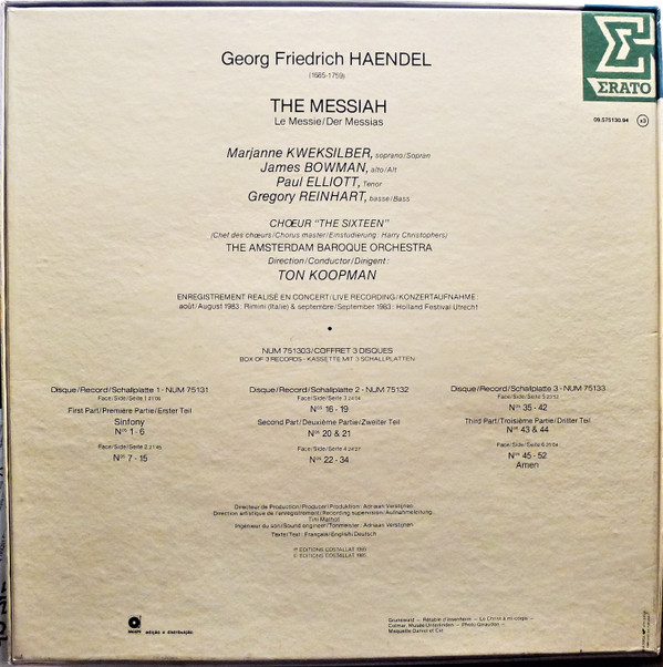 Georg Friedrich Händel - Marianne Kweksilber / James Bowman / Paul Elliott / Gregory Reinhart , The Sixteen , The Amsterdam Baroque Orchestra - Ton Koopman - The Messiah | Erato (09.575130.94) - 2 Georg Friedrich Händel - Marianne Kweksilber / James Bowman / Paul Elliott / Gregory Reinhart , The Sixteen , The Amsterdam Baroque Orchestra - Ton Koopman - The Messiah | Erato (09.575130.94) - 2
