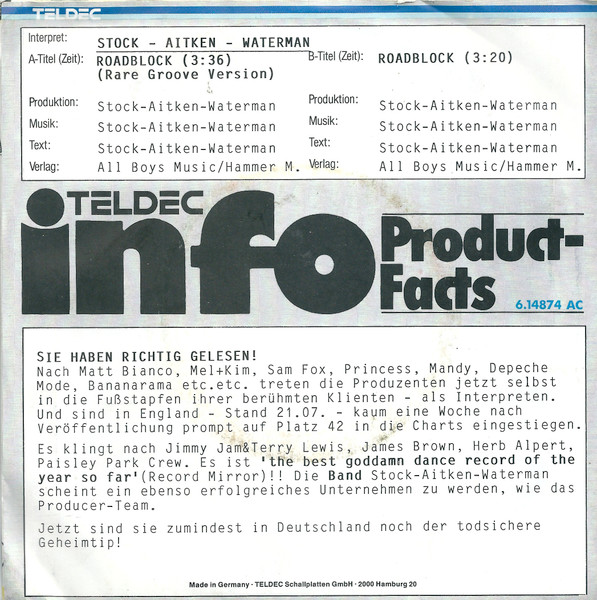 Stock, Aitken & Waterman - Roadblock | PWL Records (6.14874) - 2