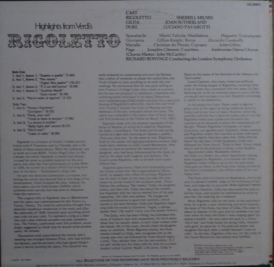 Giuseppe Verdi , Francesco Maria Piave , London Symphony Orchestra , Richard Bonynge - Highlights from Verdi's Rigoletto | London Records (OS26401) - 2