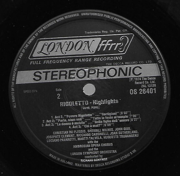 Giuseppe Verdi , Francesco Maria Piave , London Symphony Orchestra , Richard Bonynge - Highlights from Verdi's Rigoletto | London Records (OS26401) - 4