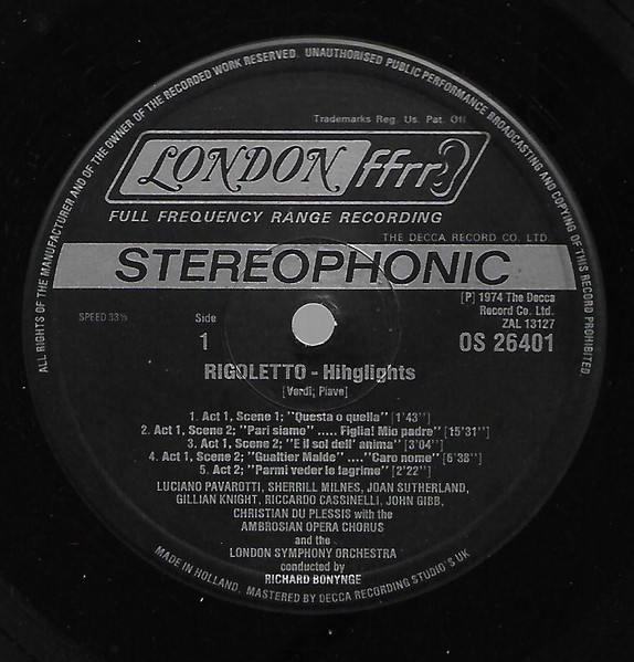 Giuseppe Verdi , Francesco Maria Piave , London Symphony Orchestra , Richard Bonynge - Highlights from Verdi's Rigoletto | London Records (OS26401) - 3