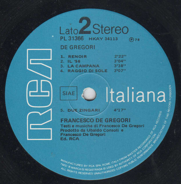 Francesco De Gregori - De Gregori | RCA (PL 31366) - 4 Francesco De Gregori - De Gregori | RCA (PL 31366) - 4