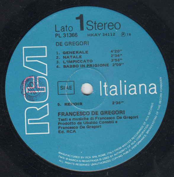 Francesco De Gregori - De Gregori | RCA (PL 31366) - 3 Francesco De Gregori - De Gregori | RCA (PL 31366) - 3