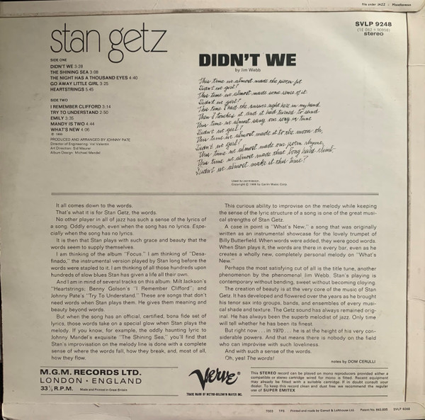 Stan Getz - Didn't We | Verve Records (SVLP 9248) - 2 Stan Getz - Didn't We | Verve Records (SVLP 9248) - 2
