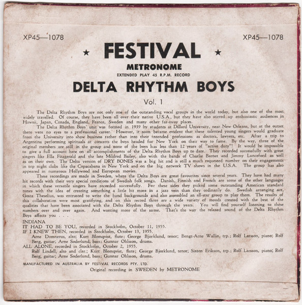 The Delta Rhythm Boys With Gösta Theselius Orkester - Vol. 1 | Festival Records (XP45-1078) - 2