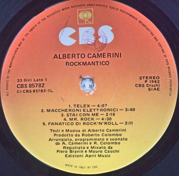 Alberto Camerini - Rockmantico | CBS (CBS 85782) - 3