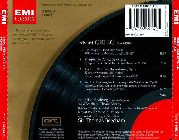 Edvard Grieg , Royal Philharmonic Orchestra , Sir Thomas Beecham - Peer Gynt · Symphonic Dance No.2 · In Autumn · Old Norwegian Folksong With Variations | EMI Classics (5 66914 2) - 2 Edvard Grieg , Royal Philharmonic Orchestra , Sir Thomas Beecham - Peer Gynt · Symphonic Dance No.2 · In Autumn · Old Norwegian Folksong With Variations | EMI Classics (5 66914 2) - 2