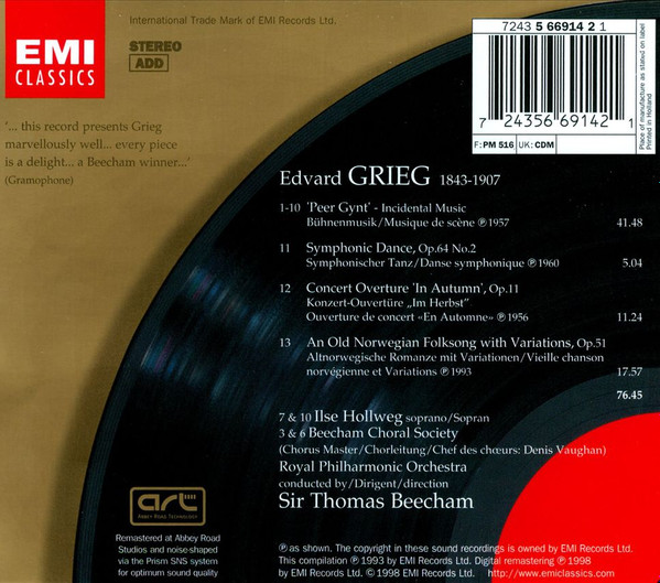 Edvard Grieg , Royal Philharmonic Orchestra , Sir Thomas Beecham - Peer Gynt · Symphonic Dance No.2 · In Autumn · Old Norwegian Folksong With Variations | EMI Classics (5 66914 2) Edvard Grieg , Royal Philharmonic Orchestra , Sir Thomas Beecham - Peer Gynt · Symphonic Dance No.2 · In Autumn · Old Norwegian Folksong With Variations | EMI Classics (5 66914 2)