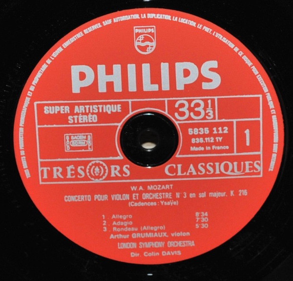 Wolfgang Amadeus Mozart , Arthur Grumiaux , London Symphony Orchestra , Sir Colin Davis - Concertos Pour Violon Et Orchestre N°. 3, K.216 Et N°. 5, K.219 | Philips (5835 112) - 3