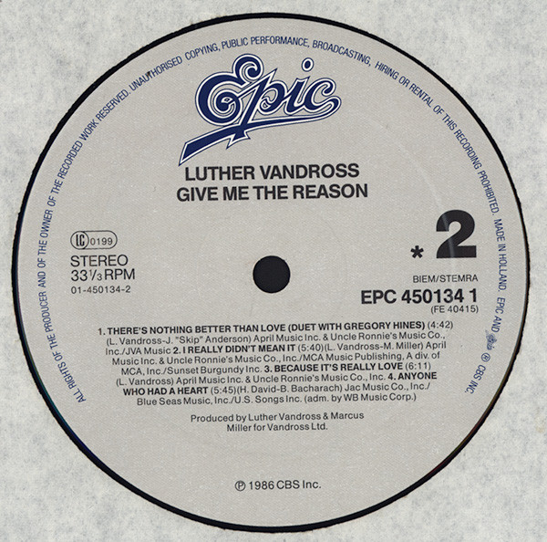 Luther Vandross - Give Me The Reason | Epic (EPC 450134 1) - 3 Luther Vandross - Give Me The Reason | Epic (EPC 450134 1) - 3